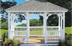 Rectangle Pagoda No12 white vinyl 2” x 2” balusters, weather wood architectural shingles, brown composite flooring.